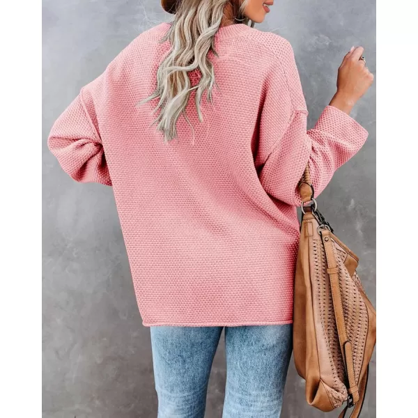 Saodimallsu Womens Oversized Sweaters Batwing Long Sleeve Loose V Neck Button Henley Tops Pullover Knit JumperPink