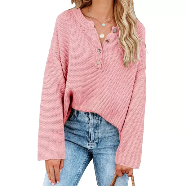 Saodimallsu Womens Oversized Sweaters Batwing Long Sleeve Loose V Neck Button Henley Tops Pullover Knit JumperPink