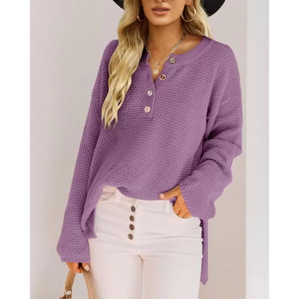 Saodimallsu Womens Oversized Sweaters Batwing Long Sleeve Loose V Neck Button Henley Tops Pullover Knit JumperPurple