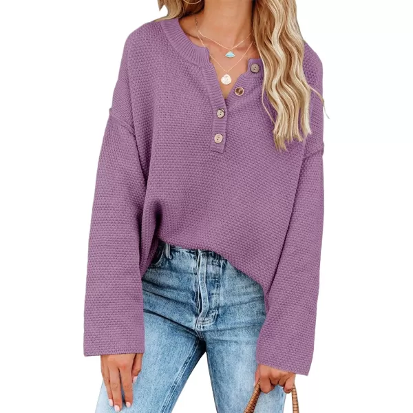 Saodimallsu Womens Oversized Sweaters Batwing Long Sleeve Loose V Neck Button Henley Tops Pullover Knit JumperPurple