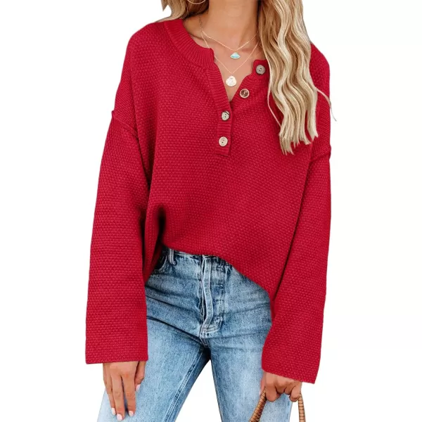 Saodimallsu Womens Oversized Sweaters Batwing Long Sleeve Loose V Neck Button Henley Tops Pullover Knit JumperRed