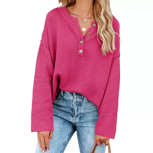 Saodimallsu Womens Oversized Sweaters Batwing Long Sleeve Loose V Neck Button Henley Tops Pullover Knit JumperRose Red