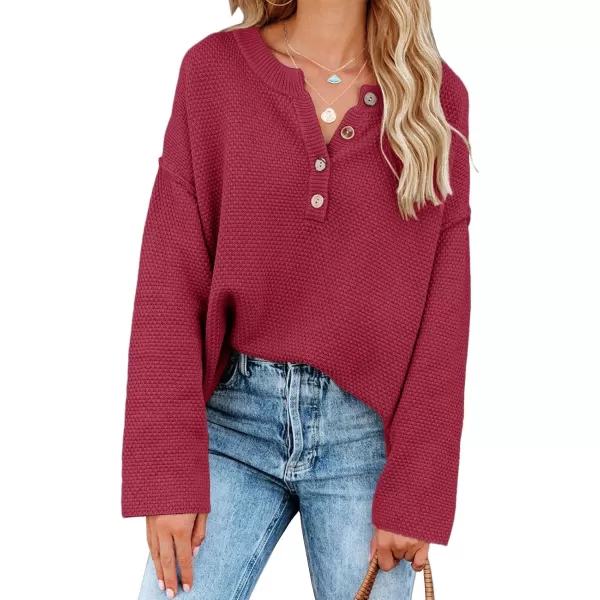 Saodimallsu Womens Oversized Sweaters Batwing Long Sleeve Loose V Neck Button Henley Tops Pullover Knit JumperWine Red