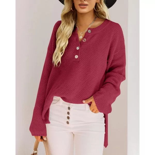 Saodimallsu Womens Oversized Sweaters Batwing Long Sleeve Loose V Neck Button Henley Tops Pullover Knit JumperWine Red