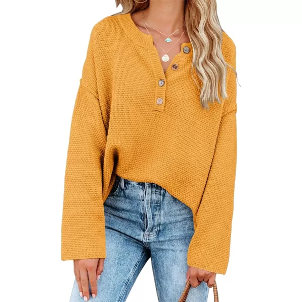 Saodimallsu Womens Oversized Sweaters Batwing Long Sleeve Loose V Neck Button Henley Tops Pullover Knit JumperYellow