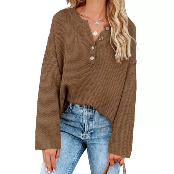 Saodimallsu Womens Oversized Sweaters Batwing Long Sleeve Loose V Neck Button Henley Tops Pullover Knit JumperZ1 Brown