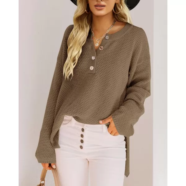 Saodimallsu Womens Oversized Sweaters Batwing Long Sleeve Loose V Neck Button Henley Tops Pullover Knit JumperZ1 Coffee