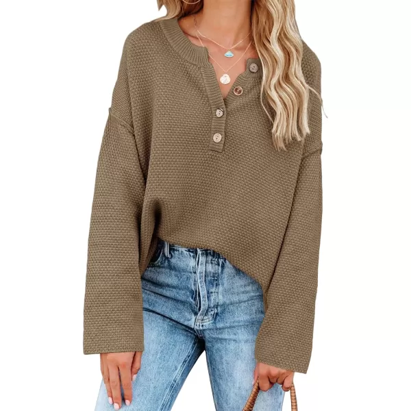 Saodimallsu Womens Oversized Sweaters Batwing Long Sleeve Loose V Neck Button Henley Tops Pullover Knit JumperZ1 Coffee