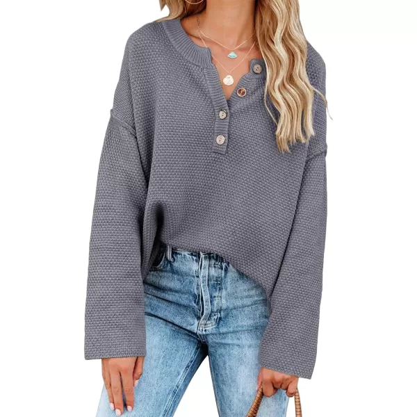 Saodimallsu Womens Oversized Sweaters Batwing Long Sleeve Loose V Neck Button Henley Tops Pullover Knit JumperZ1 Dark Grey