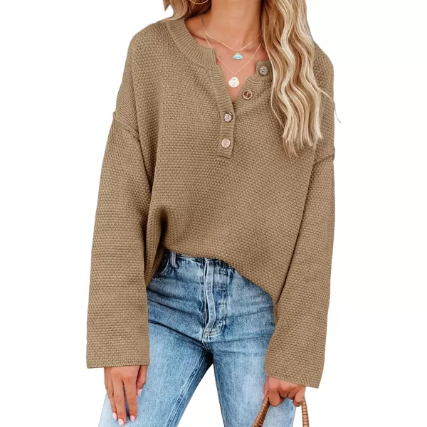 Saodimallsu Womens Oversized Sweaters Batwing Long Sleeve Loose V Neck Button Henley Tops Pullover Knit JumperZ1 Dark Khaki