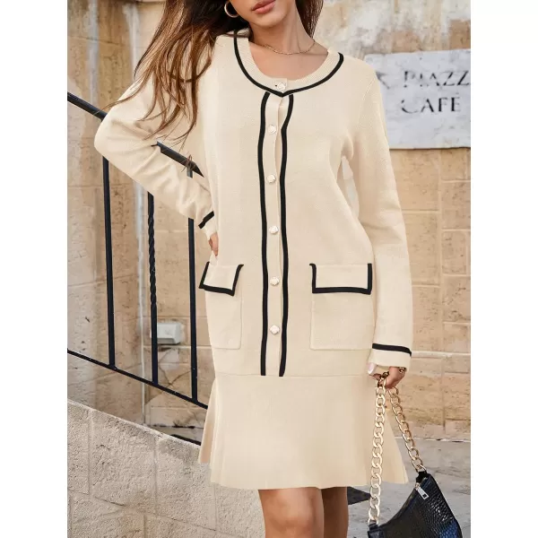 Saodimallsu Womens Ruffle Sweater Dress Button Fall Crew Neck Trendy Color Block Long Sleeve Mini Dresses with PocketsApricot