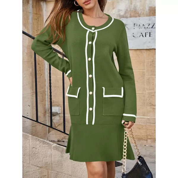 Saodimallsu Womens Ruffle Sweater Dress Button Fall Crew Neck Trendy Color Block Long Sleeve Mini Dresses with PocketsArmy Green