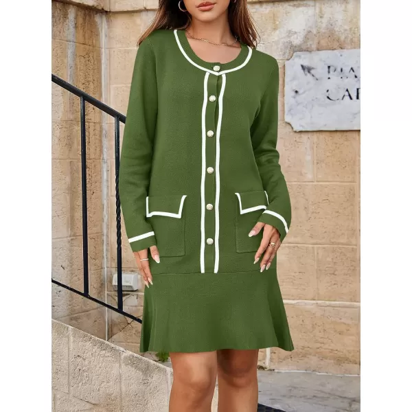 Saodimallsu Womens Ruffle Sweater Dress Button Fall Crew Neck Trendy Color Block Long Sleeve Mini Dresses with PocketsArmy Green