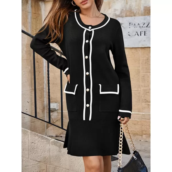 Saodimallsu Womens Ruffle Sweater Dress Button Fall Crew Neck Trendy Color Block Long Sleeve Mini Dresses with PocketsBlack