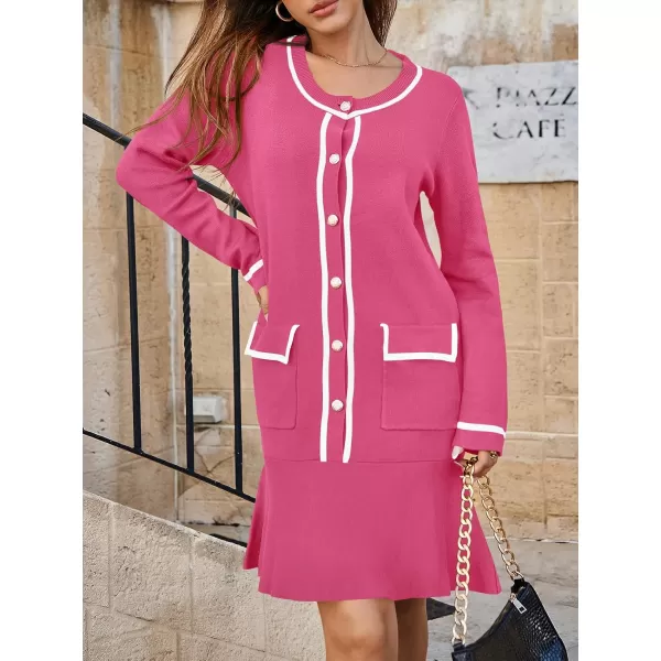 Saodimallsu Womens Ruffle Sweater Dress Button Fall Crew Neck Trendy Color Block Long Sleeve Mini Dresses with PocketsRose Red