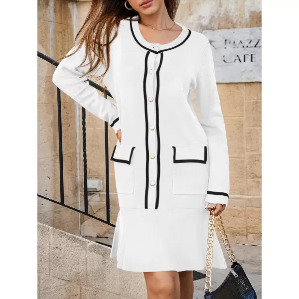 Saodimallsu Womens Ruffle Sweater Dress Button Fall Crew Neck Trendy Color Block Long Sleeve Mini Dresses with PocketsWhite