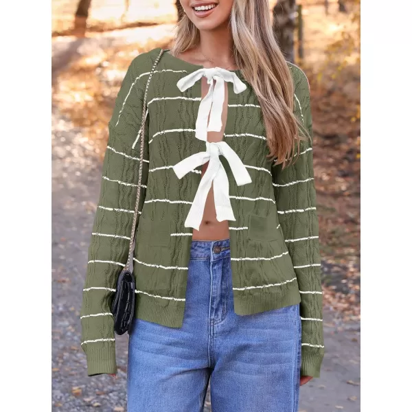 Saodimallsu Womens Striped Tie Front Cardigan Sweaters Crew Neck Long Sleeve Cable Knit Bow Knot Trendy Sweater TopsArmy Green