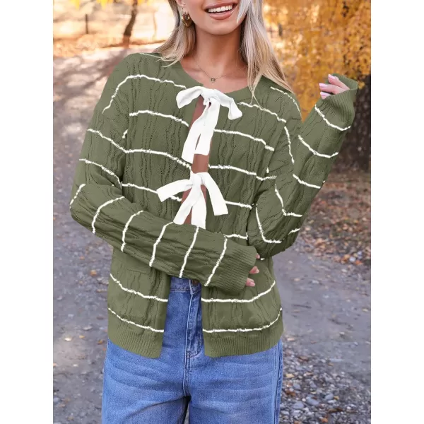 Saodimallsu Womens Striped Tie Front Cardigan Sweaters Crew Neck Long Sleeve Cable Knit Bow Knot Trendy Sweater TopsArmy Green