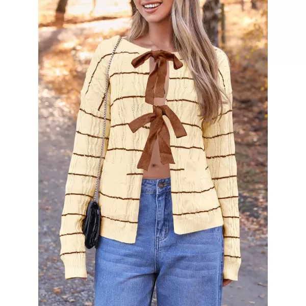 Saodimallsu Womens Striped Tie Front Cardigan Sweaters Crew Neck Long Sleeve Cable Knit Bow Knot Trendy Sweater TopsBeige Yellow