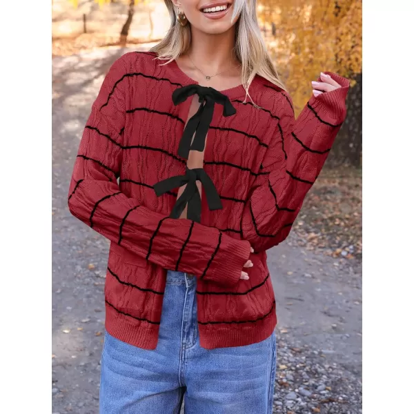 Saodimallsu Womens Striped Tie Front Cardigan Sweaters Crew Neck Long Sleeve Cable Knit Bow Knot Trendy Sweater TopsBurgundy