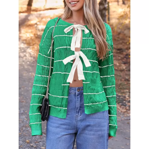 Saodimallsu Womens Striped Tie Front Cardigan Sweaters Crew Neck Long Sleeve Cable Knit Bow Knot Trendy Sweater TopsGrass Green