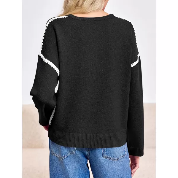 Saodimallsu Womens Sweaters Crewneck Long Sleeve Fall Chunky Knit Sweater Color Block Slouchy Loose Pullover Jumper TopsBlack