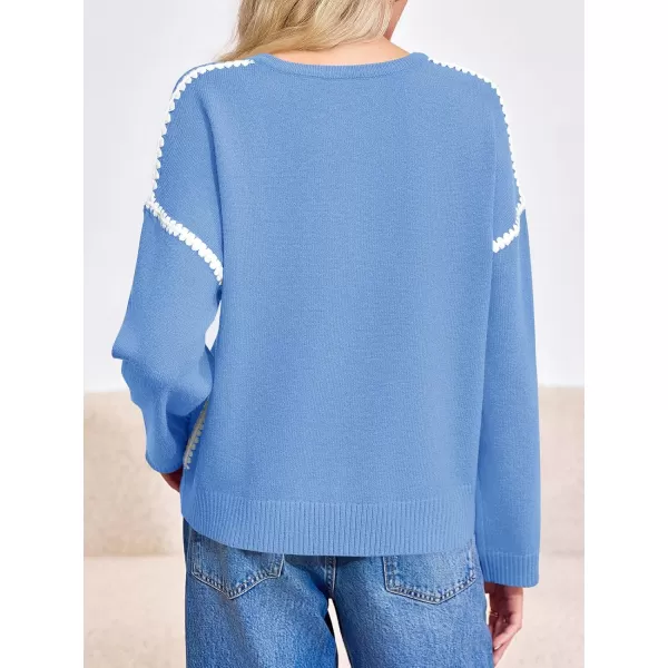 Saodimallsu Womens Sweaters Crewneck Long Sleeve Fall Chunky Knit Sweater Color Block Slouchy Loose Pullover Jumper TopsBlue