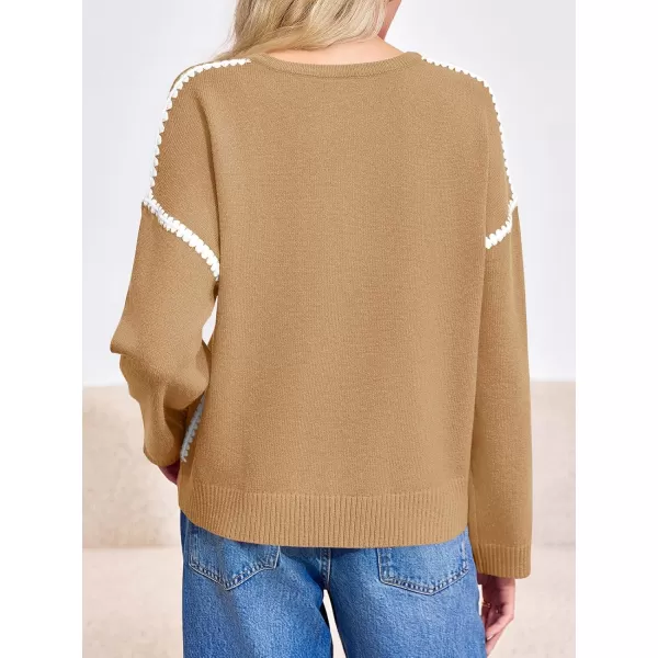 Saodimallsu Womens Sweaters Crewneck Long Sleeve Fall Chunky Knit Sweater Color Block Slouchy Loose Pullover Jumper TopsCamel