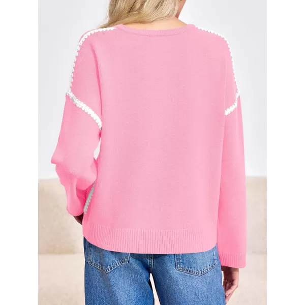 Saodimallsu Womens Sweaters Crewneck Long Sleeve Fall Chunky Knit Sweater Color Block Slouchy Loose Pullover Jumper TopsPink