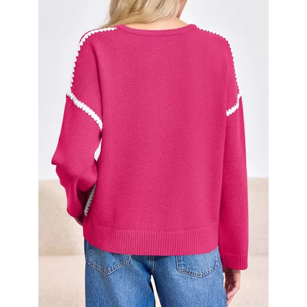 Saodimallsu Womens Sweaters Crewneck Long Sleeve Fall Chunky Knit Sweater Color Block Slouchy Loose Pullover Jumper TopsRose Red