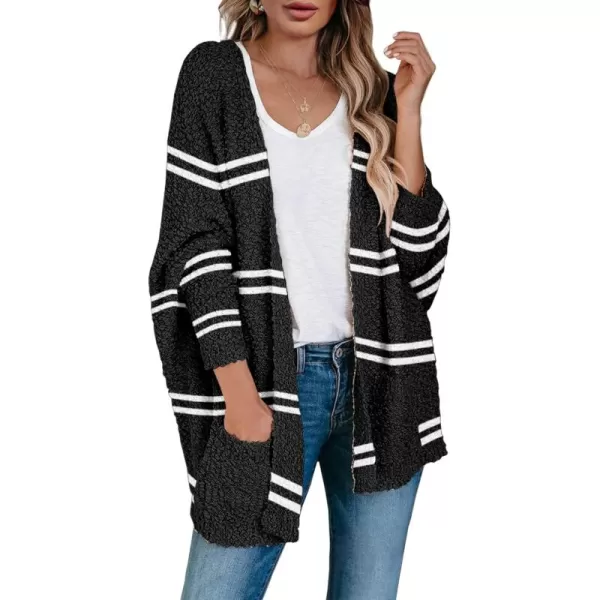 Saodimallsu Womens Chunky Popcorn Cardigan Oversized Open Front Boyfriend Batwing Long Sleeve Fuzzy Knit SweatersZ Striped Black