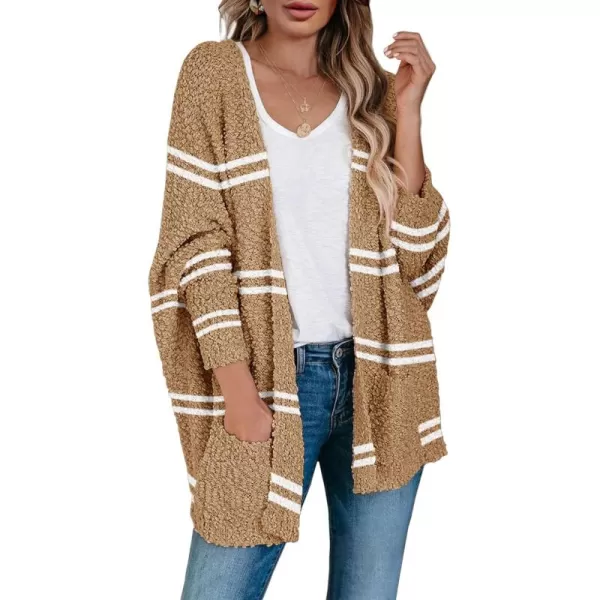 Saodimallsu Womens Chunky Popcorn Cardigan Oversized Open Front Boyfriend Batwing Long Sleeve Fuzzy Knit SweatersZ Striped Khaki