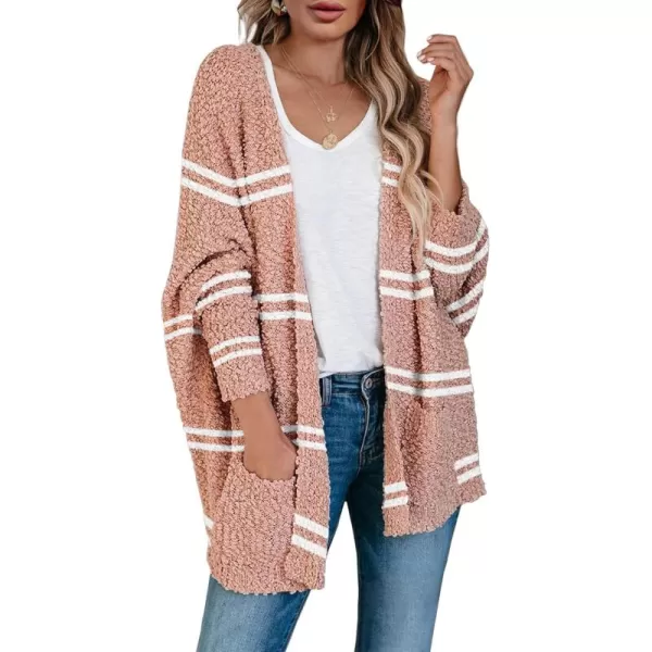 Saodimallsu Womens Chunky Popcorn Cardigan Oversized Open Front Boyfriend Batwing Long Sleeve Fuzzy Knit SweatersZ Striped Pink