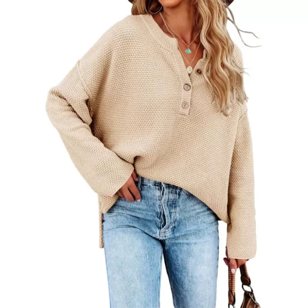 Saodimallsu Womens Oversized Sweaters Batwing Long Sleeve Loose V Neck Button Henley Tops Pullover Knit JumperApricot