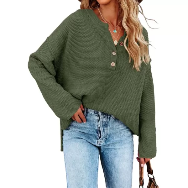 Saodimallsu Womens Oversized Sweaters Batwing Long Sleeve Loose V Neck Button Henley Tops Pullover Knit JumperArmy Green