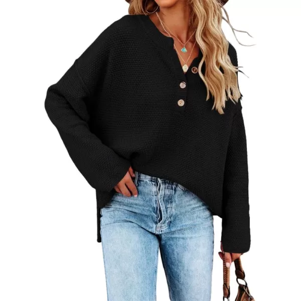 Saodimallsu Womens Oversized Sweaters Batwing Long Sleeve Loose V Neck Button Henley Tops Pullover Knit JumperBlack