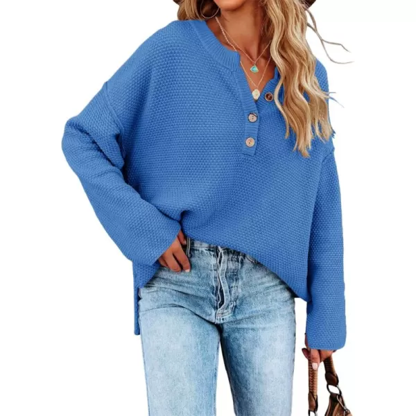 Saodimallsu Womens Oversized Sweaters Batwing Long Sleeve Loose V Neck Button Henley Tops Pullover Knit JumperBlue