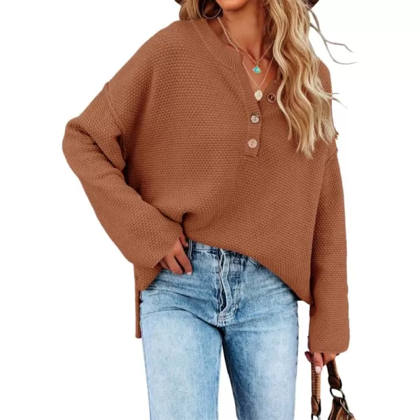 Saodimallsu Womens Oversized Sweaters Batwing Long Sleeve Loose V Neck Button Henley Tops Pullover Knit JumperBrown