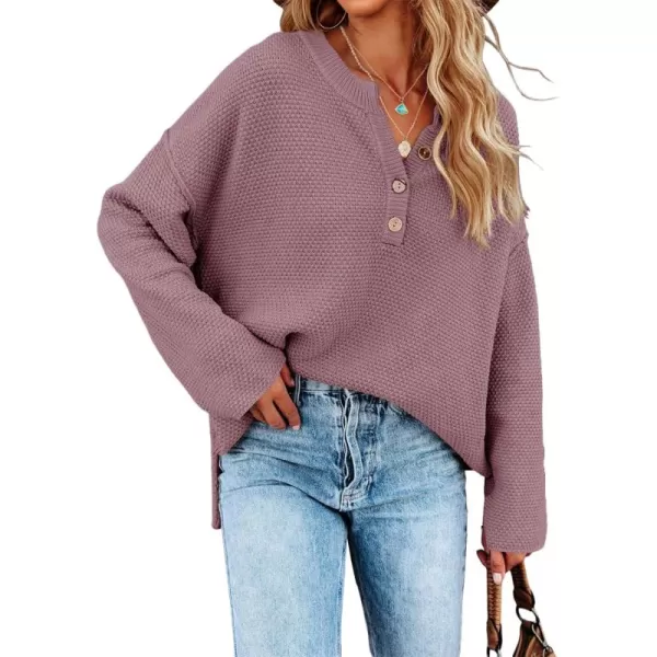 Saodimallsu Womens Oversized Sweaters Batwing Long Sleeve Loose V Neck Button Henley Tops Pullover Knit JumperDark Purple