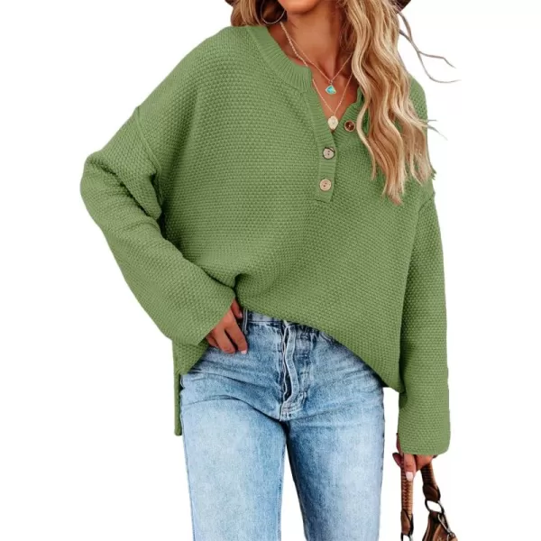 Saodimallsu Womens Oversized Sweaters Batwing Long Sleeve Loose V Neck Button Henley Tops Pullover Knit JumperGrass Green