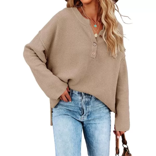 Saodimallsu Womens Oversized Sweaters Batwing Long Sleeve Loose V Neck Button Henley Tops Pullover Knit JumperKhaki