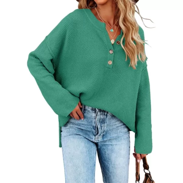 Saodimallsu Womens Oversized Sweaters Batwing Long Sleeve Loose V Neck Button Henley Tops Pullover Knit JumperLake Green