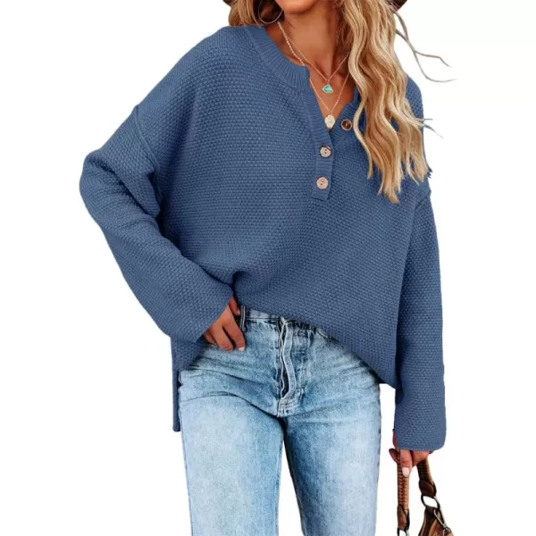 Saodimallsu Womens Oversized Sweaters Batwing Long Sleeve Loose V Neck Button Henley Tops Pullover Knit JumperNavy