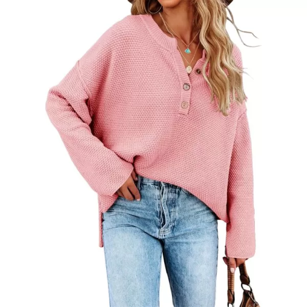 Saodimallsu Womens Oversized Sweaters Batwing Long Sleeve Loose V Neck Button Henley Tops Pullover Knit JumperPink