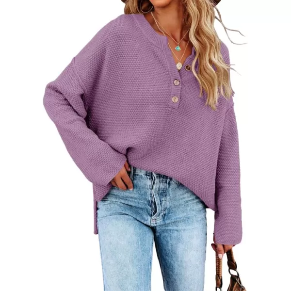 Saodimallsu Womens Oversized Sweaters Batwing Long Sleeve Loose V Neck Button Henley Tops Pullover Knit JumperPurple