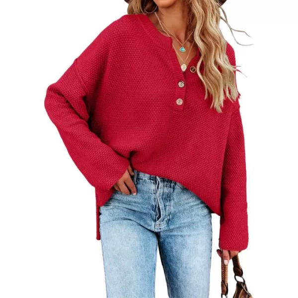 Saodimallsu Womens Oversized Sweaters Batwing Long Sleeve Loose V Neck Button Henley Tops Pullover Knit JumperRed