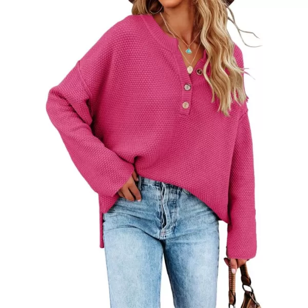 Saodimallsu Womens Oversized Sweaters Batwing Long Sleeve Loose V Neck Button Henley Tops Pullover Knit JumperRose Red