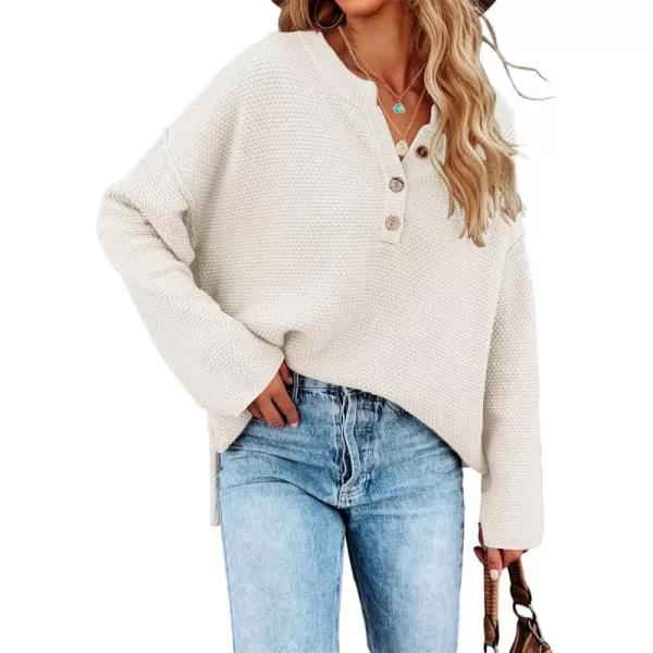 Saodimallsu Womens Oversized Sweaters Batwing Long Sleeve Loose V Neck Button Henley Tops Pullover Knit JumperWhite