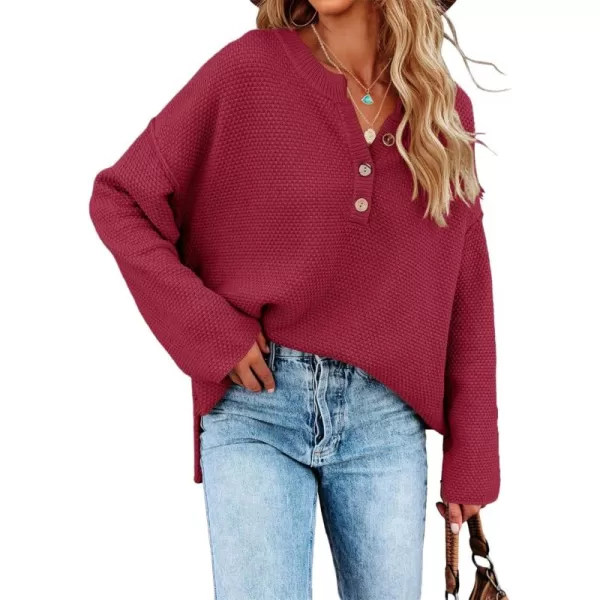 Saodimallsu Womens Oversized Sweaters Batwing Long Sleeve Loose V Neck Button Henley Tops Pullover Knit JumperWine Red