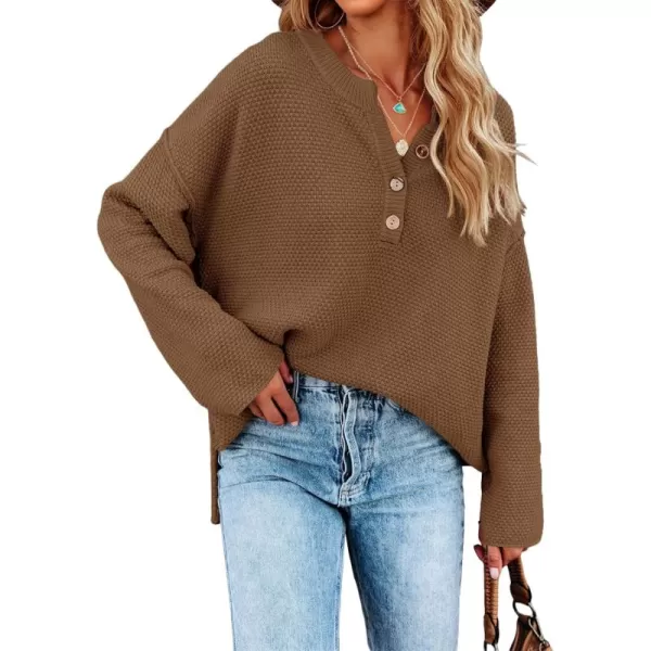 Saodimallsu Womens Oversized Sweaters Batwing Long Sleeve Loose V Neck Button Henley Tops Pullover Knit JumperZ1 Brown